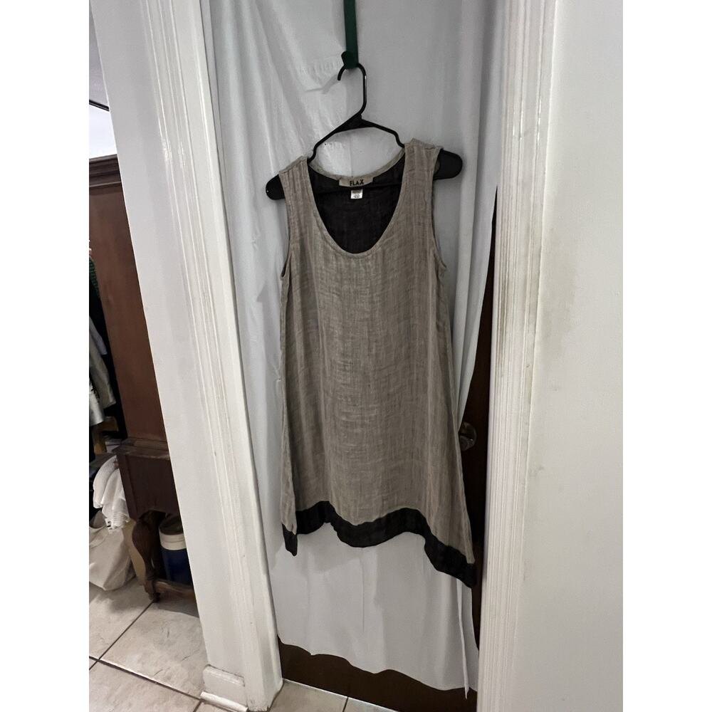 Flax Brown Black Color Block Linen Tank Shift Dress Sz S Resort Beach - Picture 2 of 5